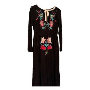 ELOQUII Embroidered Roses Lace Sheer Black/Pink Round Bow Neck Midi Dress, S/M